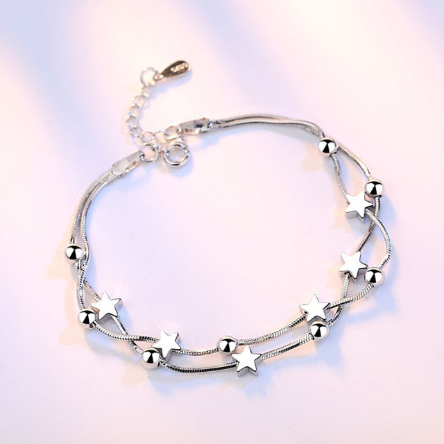 Silver Color Beads Stars Charm Bracelet